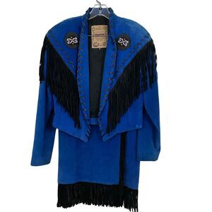 Phoenix Frontier Collection Vintage Suede Jacket Skirt Set Beaded Fringe